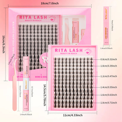 💖RITALASH 154pcs D Curl Fairy Hair Individual Eyelashes Individual False Cluster Kit DIY Eyelash Individual Lashes Mixed Lenghts At Home With Bond And Seal Applicator Individual False Cluster Remover