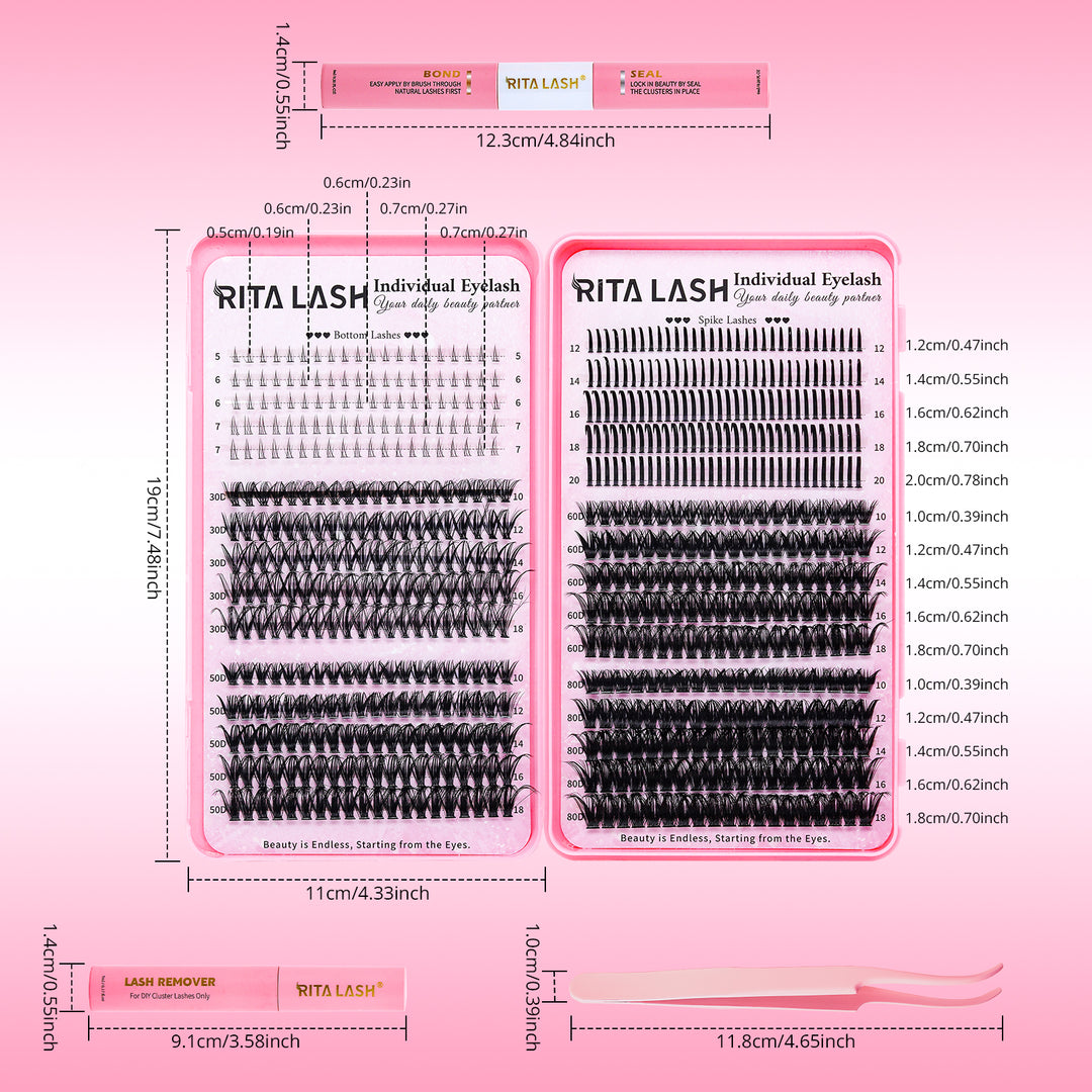 💖RITALASH 655PCS DIY Lash Extension Kit – Bottom, Spike, 60D & 80D Cluster Lashes
