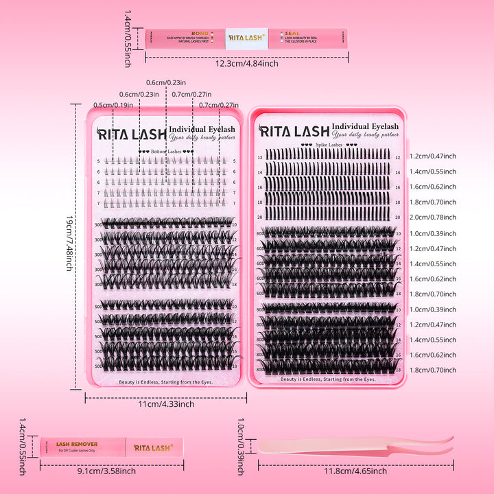 💖RITALASH 655PCS DIY Lash Extension Kit – Bottom, Spike, 60D & 80D Cluster Lashes