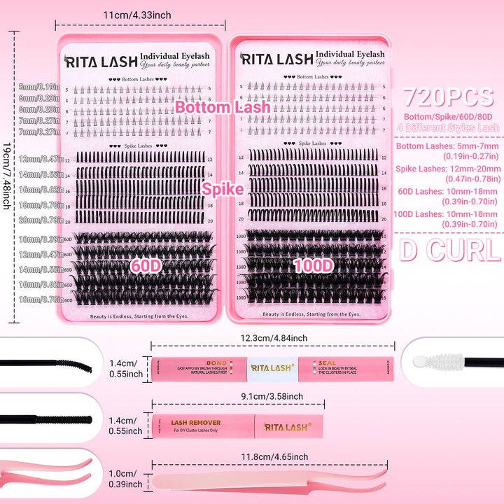 💖RITALASH 720PCS DIY Lash Extension Kit – Bottom Lashes + Spike + 60D + 100D Cluster Lashes