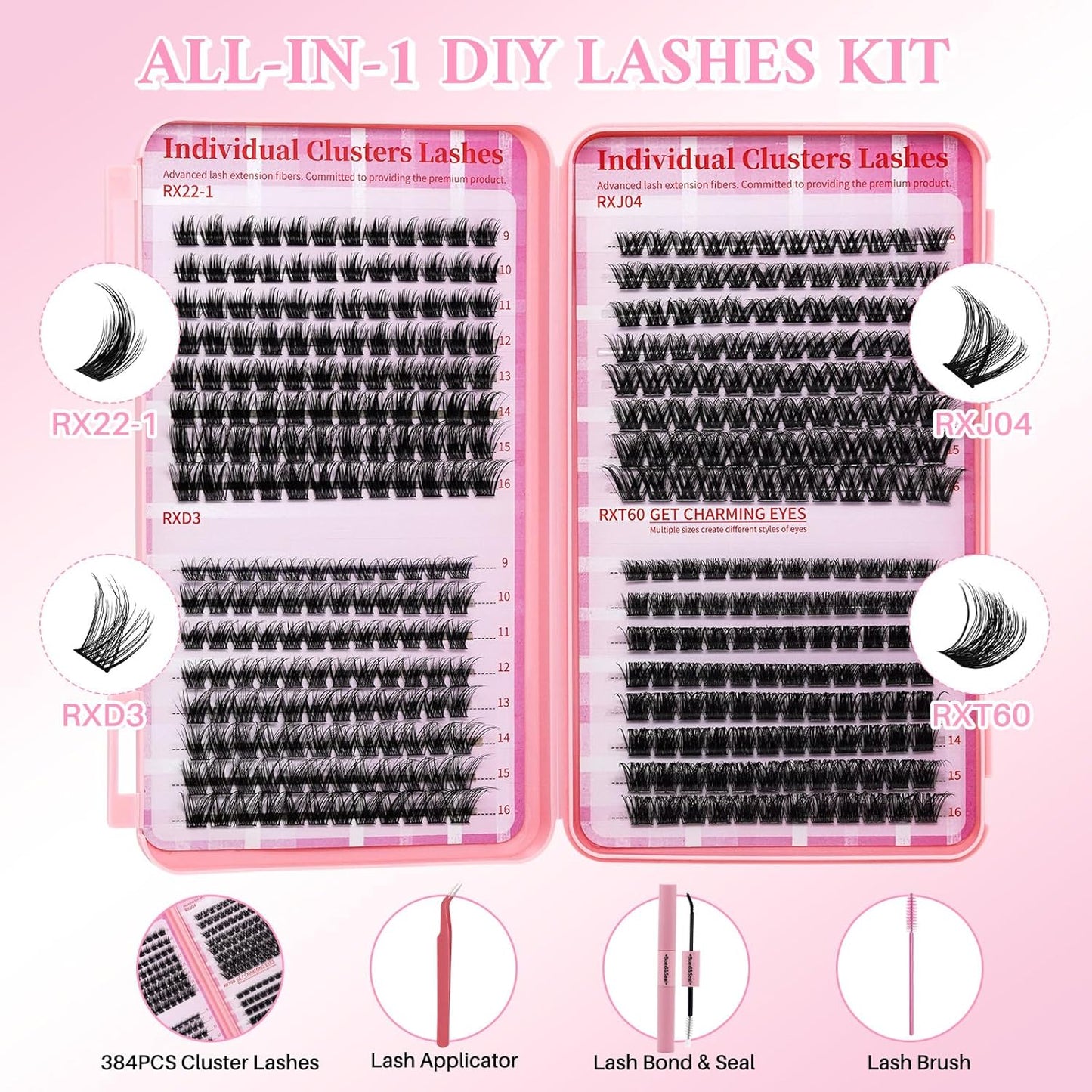 💖RITALASH RX DIY Lash Extension Kit – 4-Style Mixed Cluster Lashes Tray, Soft Thin Band Individual Lashes with Bond, Seal, Tweezers & Mascara Brush (9–16mm)