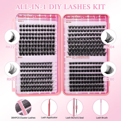 💖RITALASH RX DIY Lash Extension Kit – 4-Style Mixed Cluster Lashes Tray, Soft Thin Band Individual Lashes with Bond, Seal, Tweezers & Mascara Brush (9–16mm)