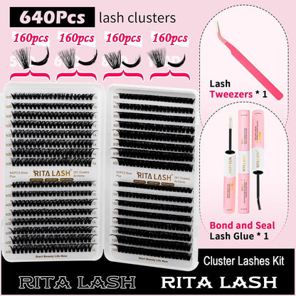 ✨RITALASH 640PCS DIY Lash Extension Kit – 50D + 60D + 80D + 100D Mixed Cluster Lashes (10–16mm) with Bond, Seal, Tweezers & Remover for At-Home Lash Styling!