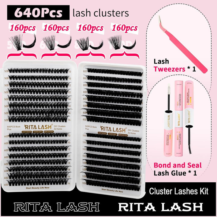 ✨RITALASH 640PCS DIY Lash Extension Kit – 50D + 60D + 80D + 100D Cluster Lashes