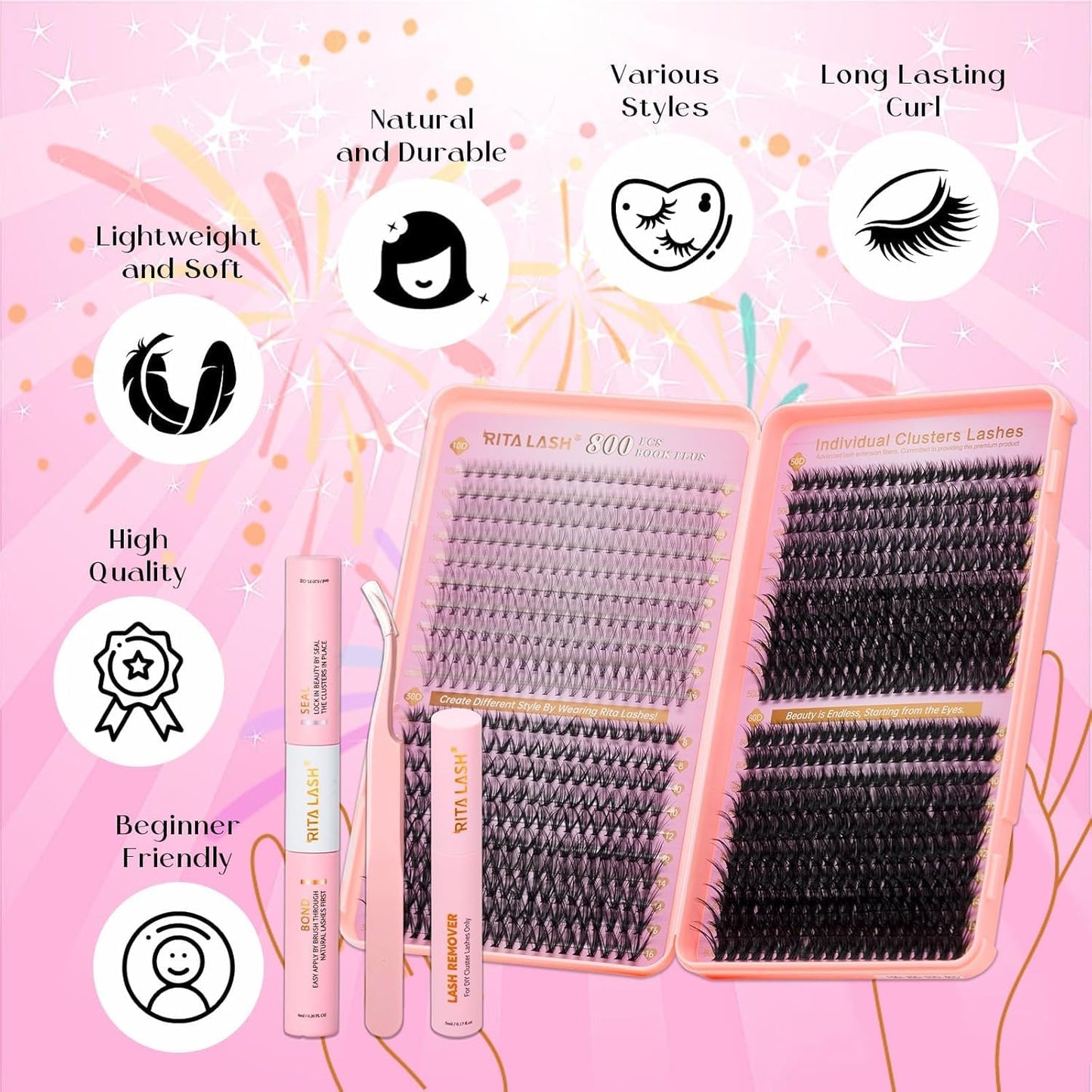 💖RITALASH DIY Lash Extension Kit Book Set – 800PCS Cluster Lashes (10D+30D+50D+80D, 8-16mm) | Individual Lash Clusters with Bond & Seal, Remover, Tweezers | At-Home Eyelash Extension Kit
