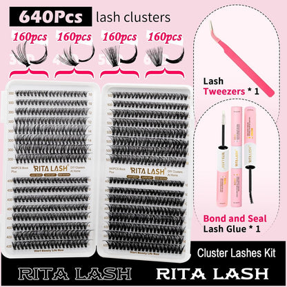 🌟RITALASH 640PCS Lash Extension Kit – 30D+40D+50D+60D Cluster Lashes (10–16mm Mixed) with Bond, Seal & Tweezers | DIY Wispy Fluffy Eyelash Extensions at Home