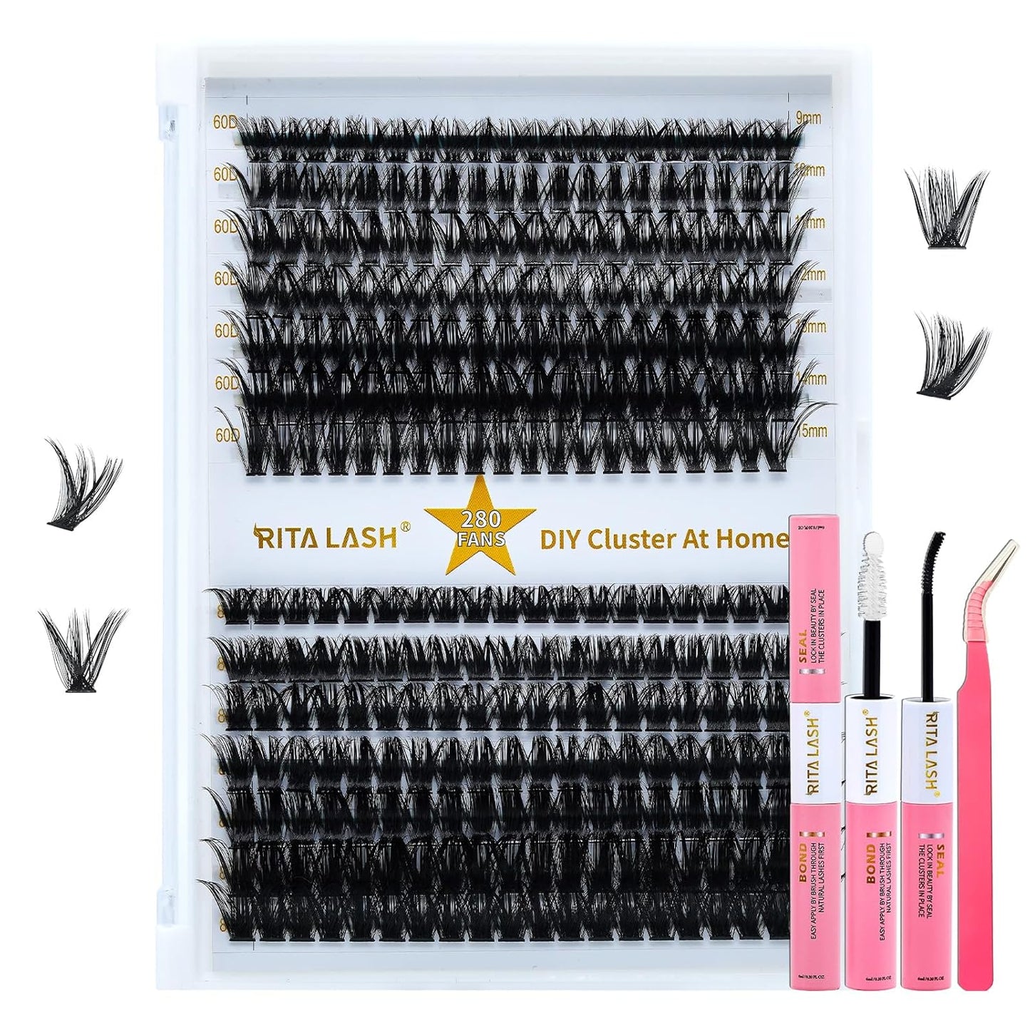 ✨RITALASH 280PCS DIY Lash Extension Kit – 60D + 80D Mixed Cluster Lashes (9–15mm) with Bond & Seal and Tweezers | Wispy Individual Eyelash Extensions for At-Home Salon Look