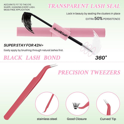 💖RITALASH 640PCS DIY Lash Extension Kit – 20D + 40D + 60D + 80D Mixed Cluster Lashes (9–16mm) with Bond, Seal, Tweezer & Mascara Brush for At-Home Lash Styling!