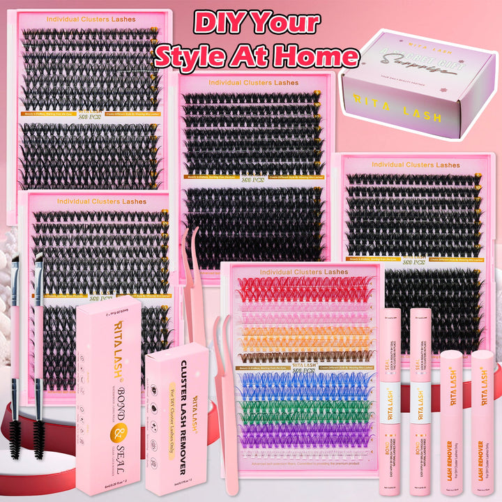 ✨280PCS Lash Extension Kit – 5 Styles DIY Lash Clusters with Bond & Applicator