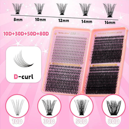 💖RITALASH DIY Lash Extension Kit Book Set – 800PCS Cluster Lashes (10D+30D+50D+80D, 8-16mm) | Individual Lash Clusters with Bond & Seal, Remover, Tweezers | At-Home Eyelash Extension Kit