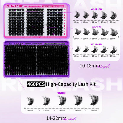 ✨RITALASH 460pcs D Curl Cluster Lash DIY Book Eyelashes Individual Lashes Mixed Tray Lash Clusters Extensions DIY Lashes At Home For Beginners