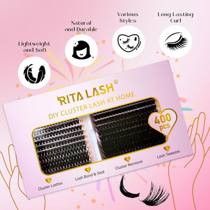 💖RITALASH 400PCS DIY Lash Extension Kit – 60D + 100D Extreme Volume Cluster Lashes (8–16mm Mixed) with Bond, Seal, Remover & Tweezer for Bold At-Home Lash Styling!