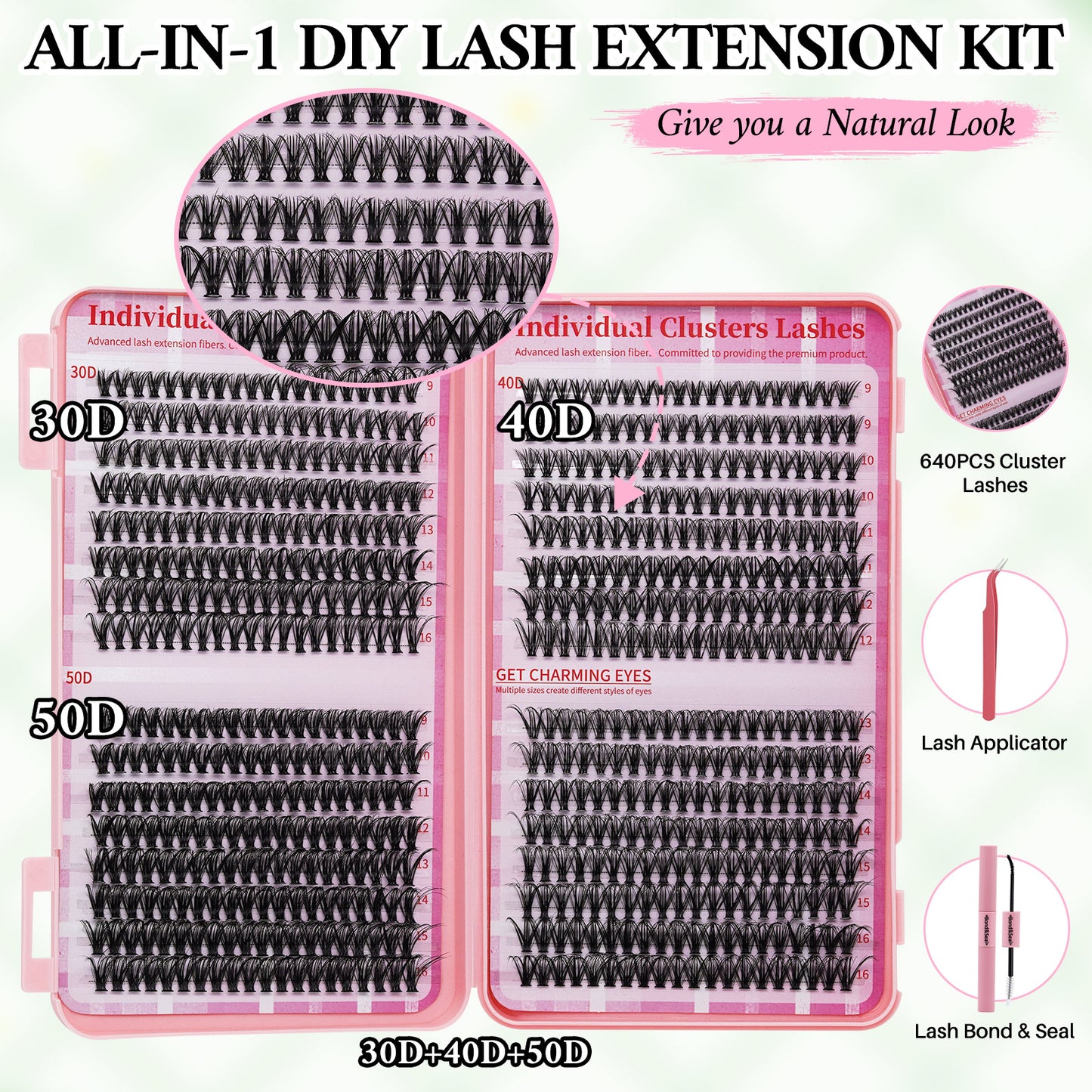 💖640PCS Individual False Cluster Book 30D+40D+50D DIY Eyelash Extensions D Curl Long With Bond And Seal Lash Tweezer And Brush DIY Individual False Cluster At Home