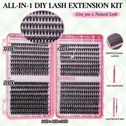 💖640PCS Individual False Cluster Book 30D+40D+50D DIY Eyelash Extensions D Curl Long With Bond And Seal Lash Tweezer And Brush DIY Individual False Cluster At Home