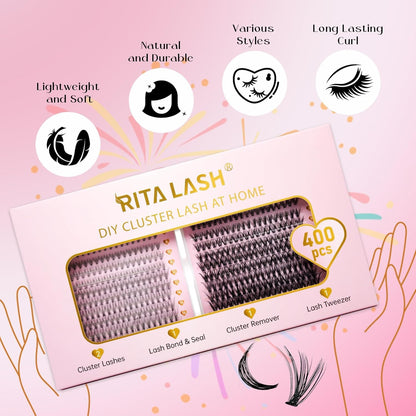 💖RITALASH 400PCS Lash Extension Kit – 10D+30D DIY Cluster Lashes (8–16mm Mixed) with Bond, Seal, Remover & Tweezer | Easy At-Home Eyelash Extensions