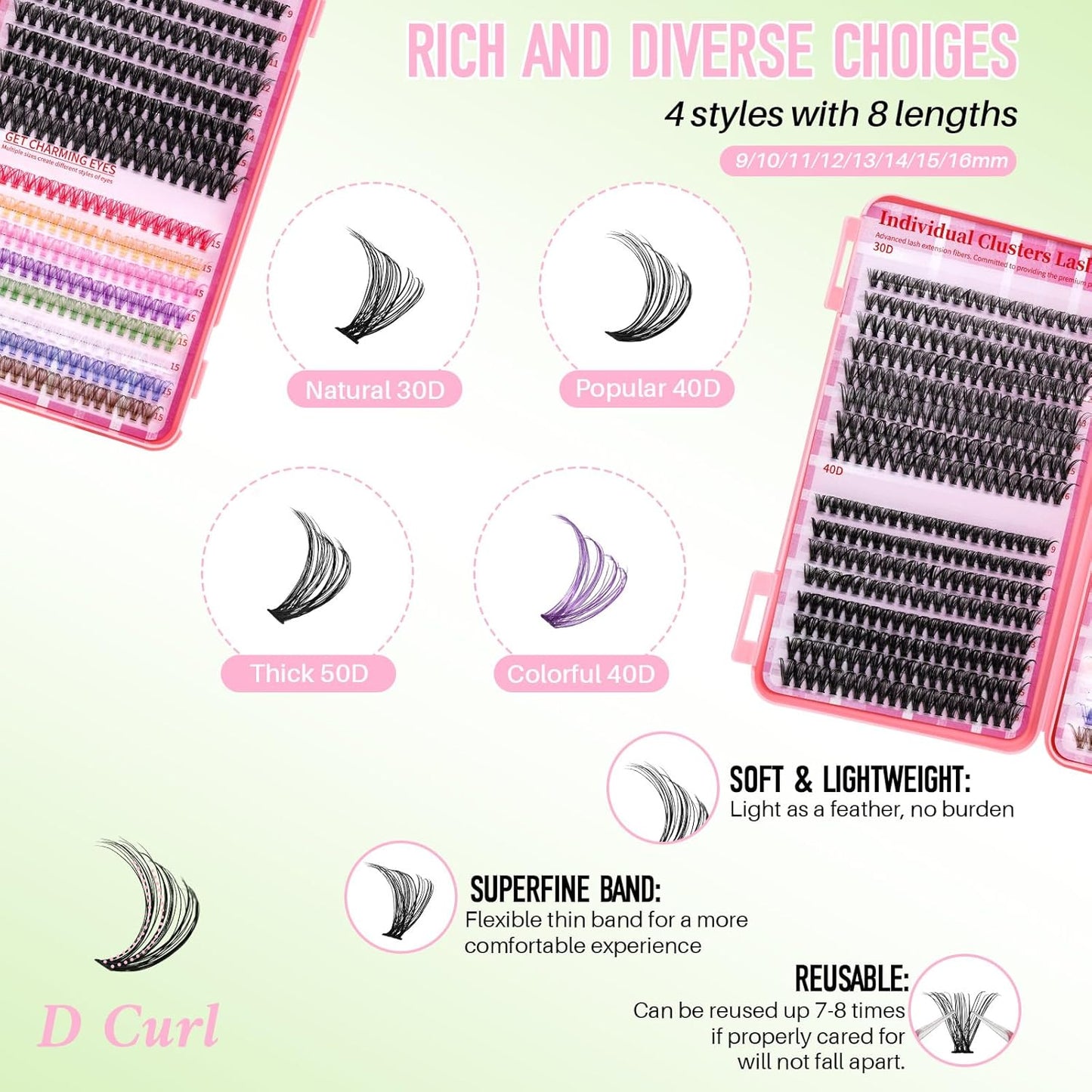 💖RITALASH DIY Colored Lash Extension Kit – 640PCS 30D + 40D + 50D + 40D Cluster Lashes (9–16mm) with Bond, Seal & Tweezers for Vibrant Lash Looks