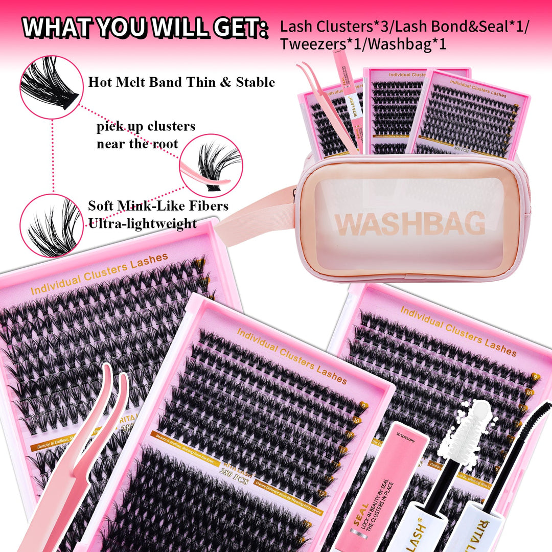 Lash Extension Kit 3 Boxes Lash Clusters+ Lash Bond and Seal,Lash Tweezers,Washbag(40D 60D 80D, 3 Boxes Kit)