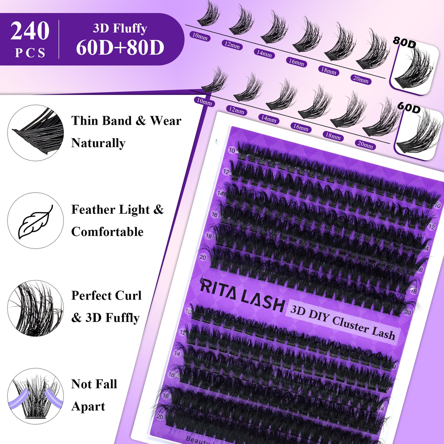 ✨RITALASH 240PCS D Curl 3D Fluffy Mix Length Individual False Cluster Es Kit Fluffy And Comfortable False Eyelashes Kit With Lash Bond&Seal Tweezers At Home For Daily Life&Dates And Party
