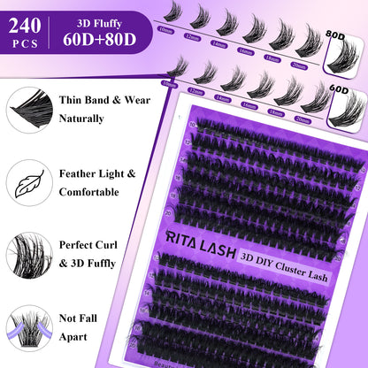✨RITALASH 240PCS D Curl 3D Fluffy Mix Length Individual False Cluster Es Kit Fluffy And Comfortable False Eyelashes Kit With Lash Bond&Seal Tweezers At Home For Daily Life&Dates And Party