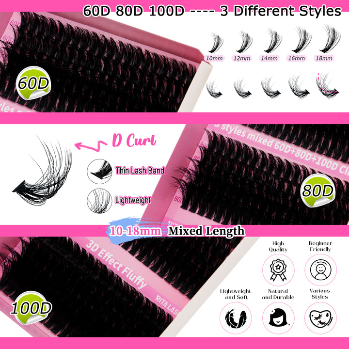 💖RITALASH 300PCS D Curl Lash Clusters – DIY Extension Kit with Applicator & Remover