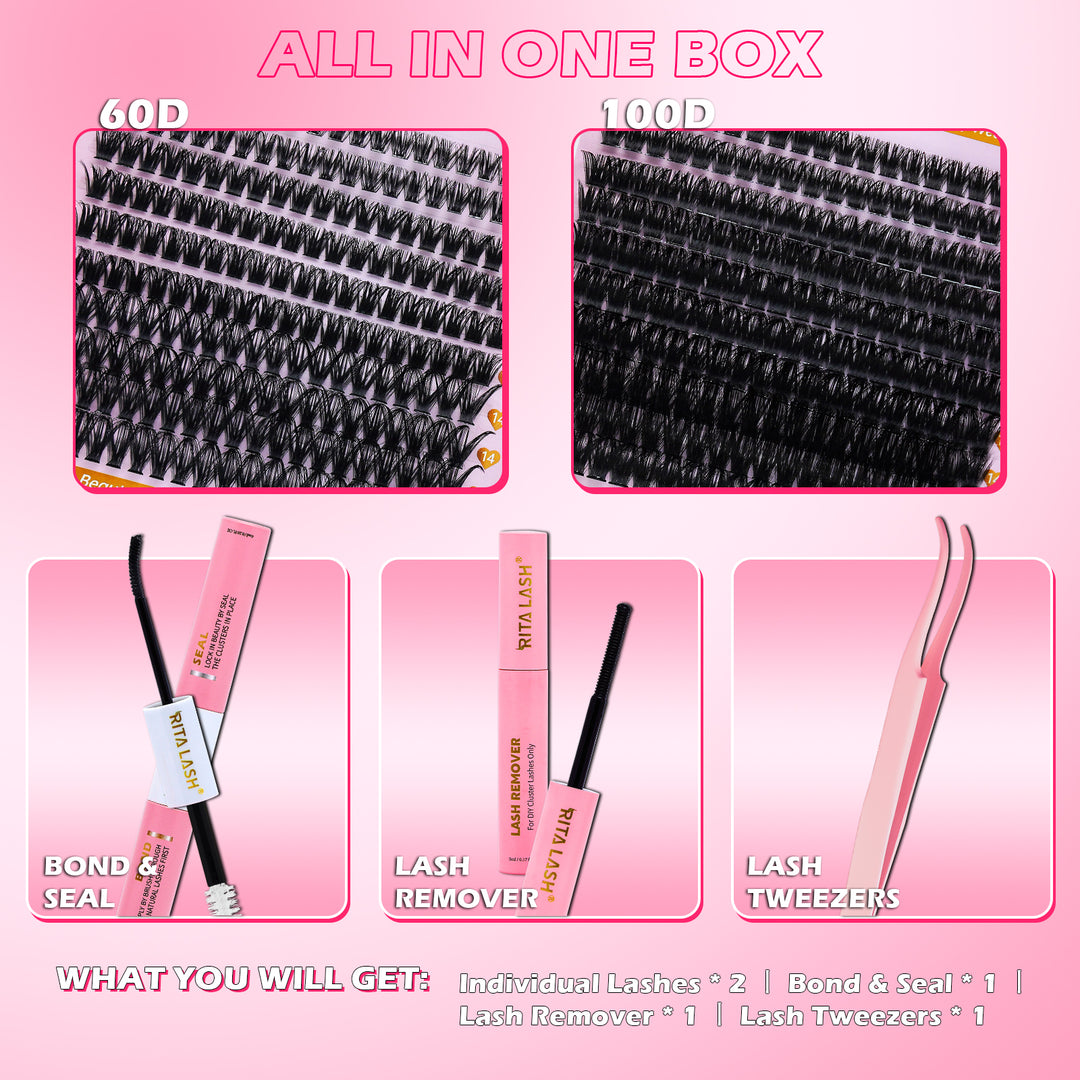 💖RITALASH 400pcs D Curl Cluster Lash Kit MIX 60D+100D Black Individual Eyelashes D Curl