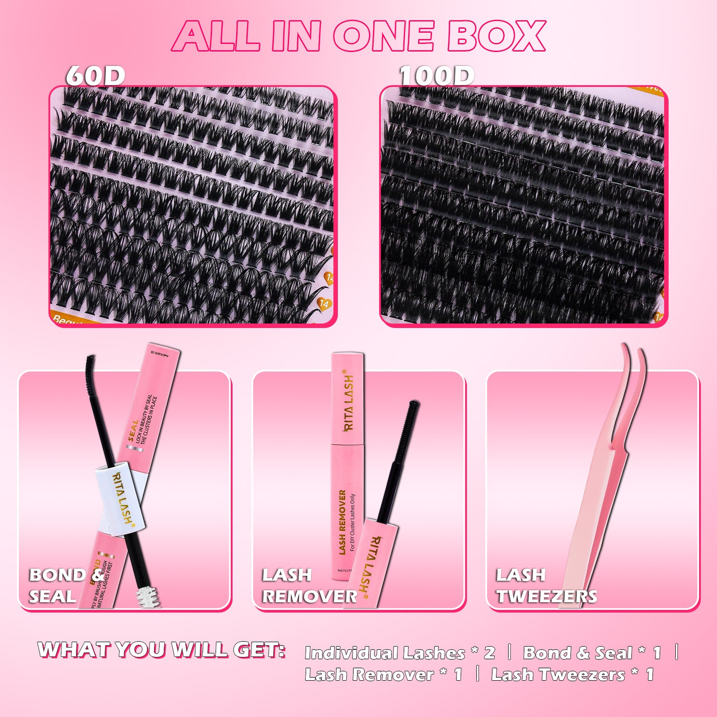 💖RITALASH 400pcs D Curl Cluster Lash Kit MIX 60D+100D Black Individual Eyelashes D Curl With Lash Bond And Seal Cluster Remover Lash Tweezer DIY At Home