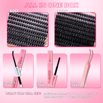 💖RITALASH 400pcs D Curl Cluster Lash Kit MIX 60D+100D Black Individual Eyelashes D Curl With Lash Bond And Seal Cluster Remover Lash Tweezer DIY At Home