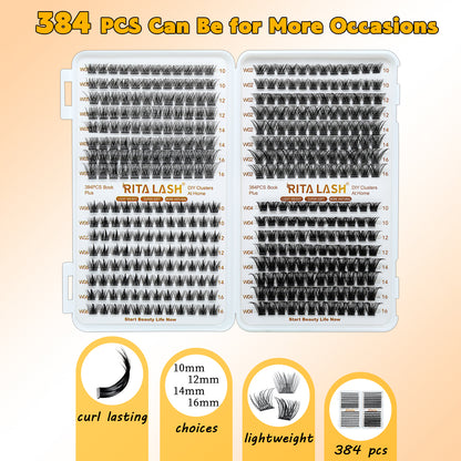 🌟RITALASH 384PCS 4 Style Cluster Lashes Book Individual Lashes Clusters Eyelash Extensions False Eyelashes DIY Wispy Fluffy Lash Extension Kit Reusable False Eyelashes Natural Look Mix 10-16mm