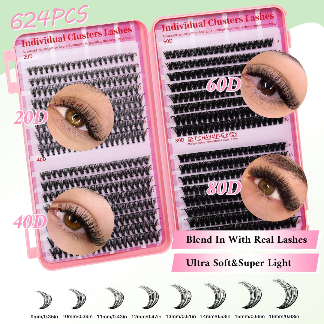 Lash Extension Kit 624pcs 20D+40D+60D+80D Lash Clusters