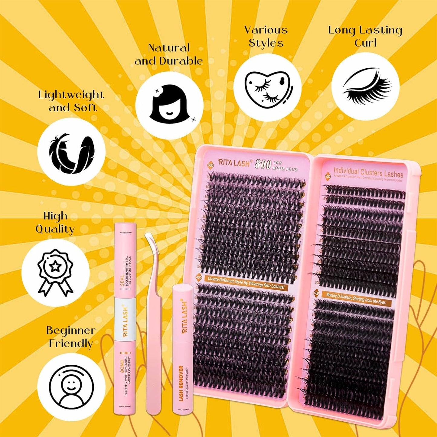 💖RITALASH DIY Lash Extension Kit Book Set – 800PCS Cluster Lashes (30D+40D+50D+60D, 8–16mm) | Individual Lash Clusters with Bond & Seal, Remover, Tweezers | At-Home Eyelash Extension Kit
