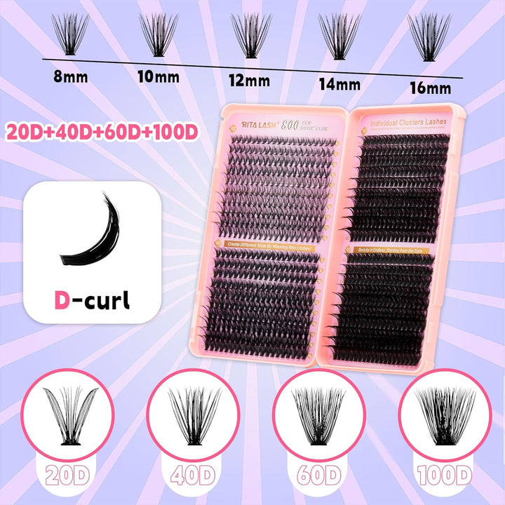 💖RITALASH DIY Lash Extension Kit Book Set – 800PCS Cluster Lashes (20D+40D+60D+100D)