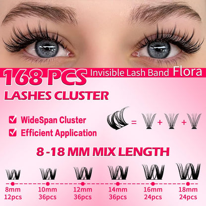 🌟RITALASH Flora Hybrid Wispy Lash Clusters – DIY Eyelash Extension Kit, Wide-Span Cat-Eye Individual Lashes, Invisible Lash Band, 8–18mm