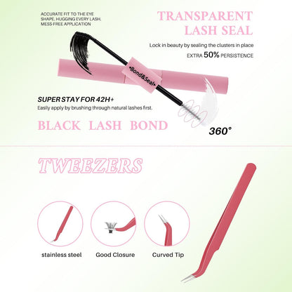💖RITALASH DIY Colored Lash Extension Kit – 640PCS 30D + 40D + 50D + 40D Cluster Lashes (9–16mm) with Bond, Seal & Tweezers for Vibrant Lash Looks