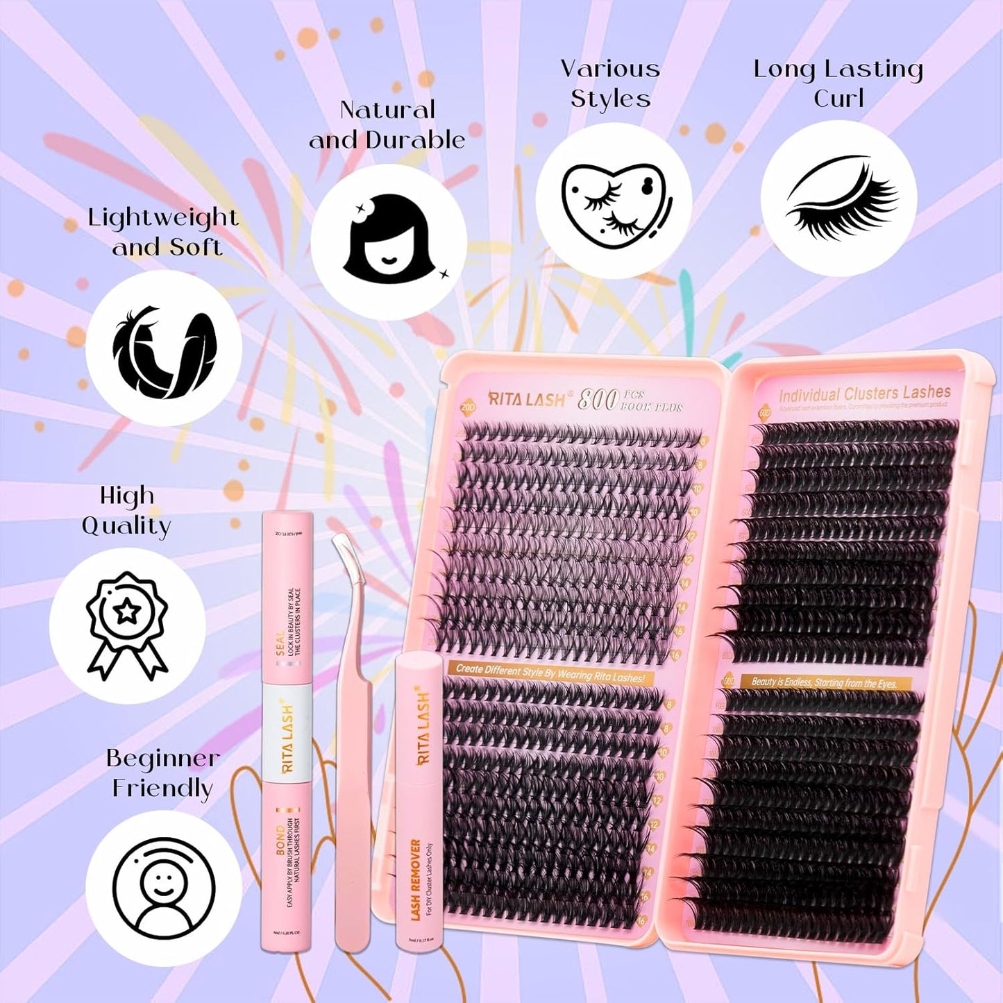 💖RITALASH DIY Lash Extension Kit Book Set – 800PCS Cluster Lashes (20D+40D+60D+100D, 8–16mm) | Individual Lash Clusters with Bond & Seal, Remover, Tweezers | At-Home Eyelash Extension Kit
