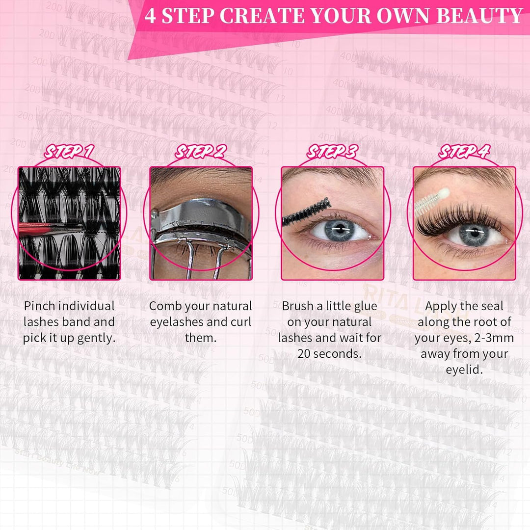 🌟RITALASH 640PCS Lash Cluster Kit – 20D + 30D + 40D + 50D Mixed Lashes with Bond, Seal & Tweezers