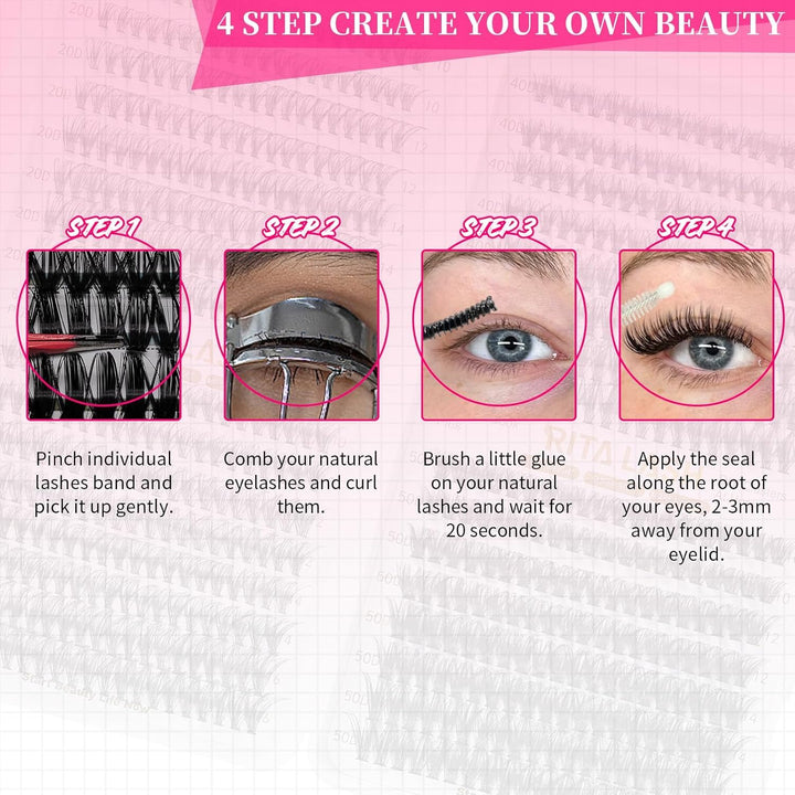 🌟RITALASH 640PCS Lash Cluster Kit – 20D + 30D + 40D + 50D Mixed Lashes with Bond, Seal & Tweezers