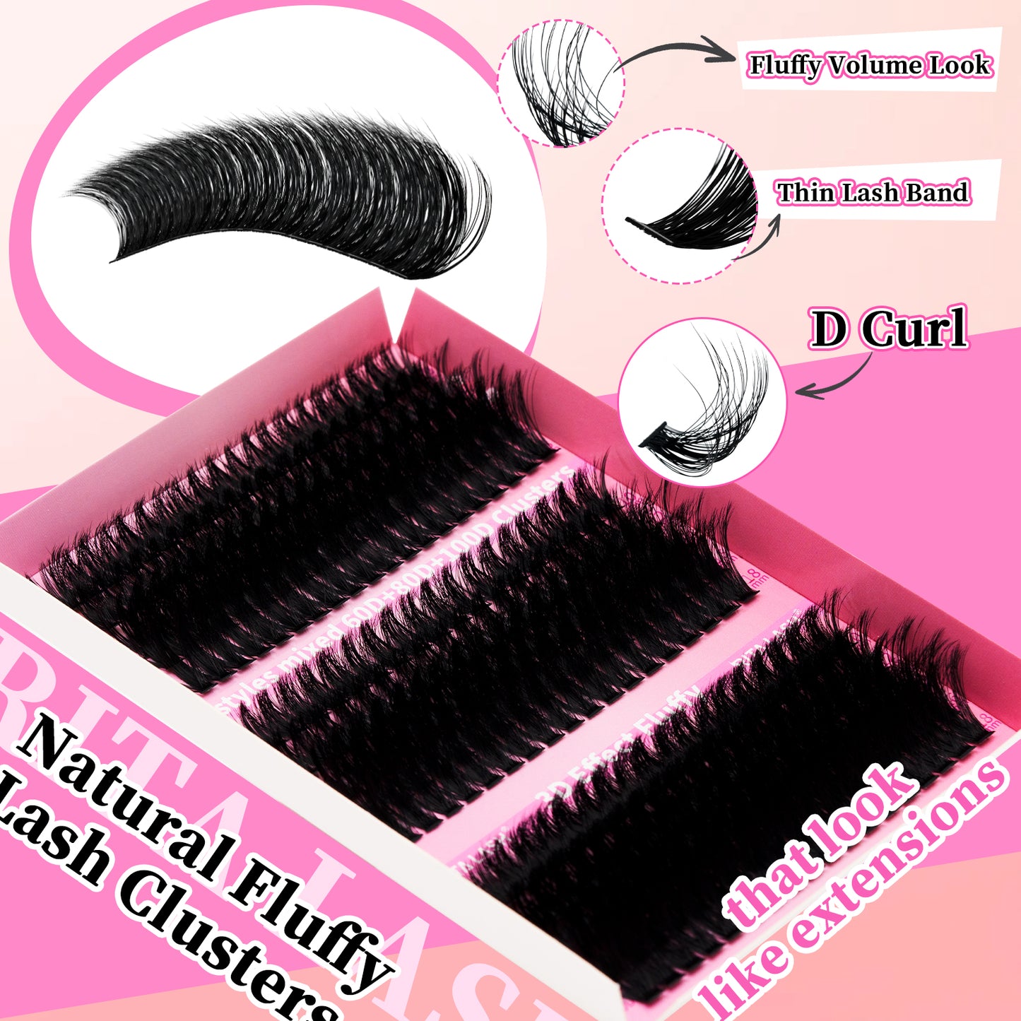 💖RITALASH 300pcs D Curl Individual Eyelashes Cluster Kit DIY Eyelash Extensions Lengths Mixed Tray DIY Individual False Cluster At Home With Bond And Seal Applicator Individual False Cluster Remover