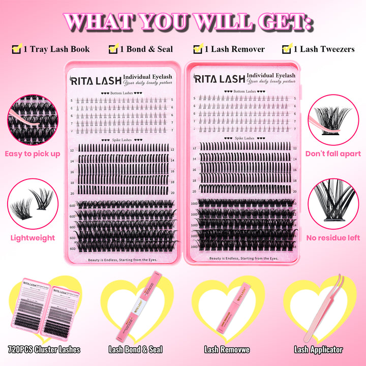 💖RITALASH 720PCS DIY Lash Extension Kit – Bottom Lashes + Spike + 60D + 100D Cluster Lashes