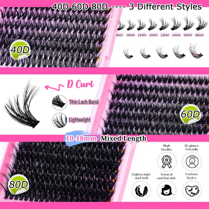 💖RITALASH DIY Lash Extension Kit – 3 Boxes Fluffy Cluster Lashes (40D+60D+80D) with Bond, Seal, Tweezers & Washbag | Soft Wispy Individual Eyelash Extensions