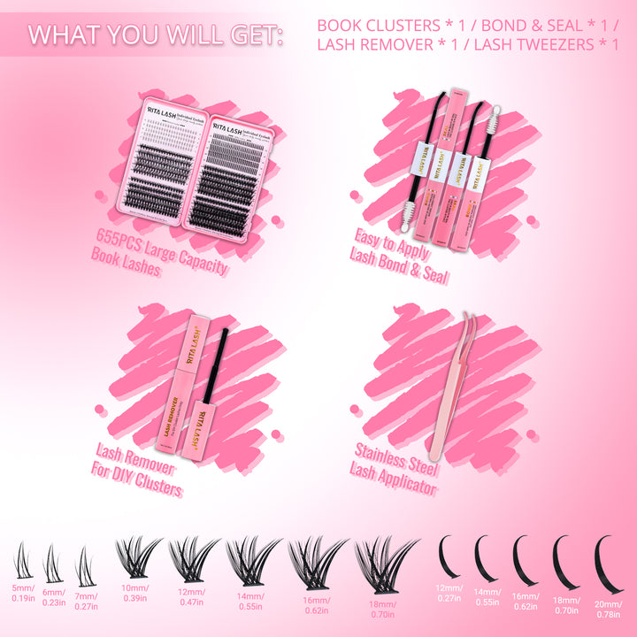 💖RITALASH 655PCS DIY Lash Extension Kit – Bottom, Spike, 60D & 80D Cluster Lashes