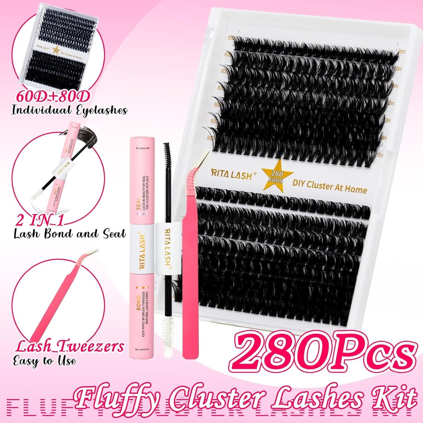 ✨RITALASH 280PCS DIY Lash Extension Kit – 60D + 80D Mixed Cluster Lashes (9–15mm) with Bond & Seal and Tweezers | Wispy Individual Eyelash Extensions for At-Home Salon Look