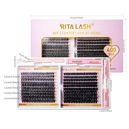 💖RITALASH 400PCS DIY Lash Extension Kit – 40D + 60D Cluster Lashes (8–16mm Mixed) with Bond, Seal, Remover & Tweezer for Bold At-Home Lash Styling!