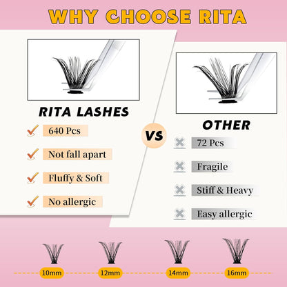🌟RITALASH 640PCS Lash Extension Kit – 30D+40D+50D+60D Cluster Lashes (10–16mm Mixed) Wispy & Fluffy DIY Eyelash Extensions for Natural or Glam Looks at Home
