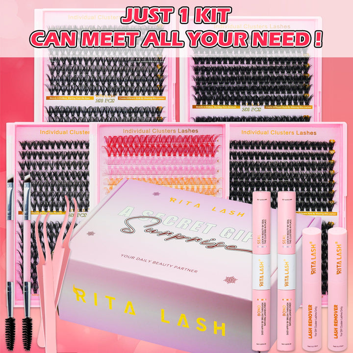 ✨280PCS Lash Extension Kit – 5 Styles DIY Lash Clusters with Bond & Applicator