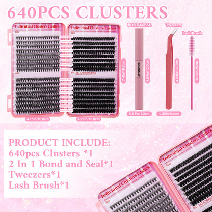 💖ndividual Cluster Lash Book 20D+40D+60D+80D DIY Eyelash Extensions D Curl Long With Bond And Seal Lash Tweezer And Brush DIY Cluster Lash At Home