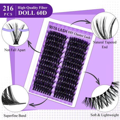 ✨RITALASH 240PCS D Curl 3D Fluffy Mix Length Individual False Cluster Es Kit Fluffy And Comfortable False Eyelashes Kit With Lash Bond&Seal Tweezers At Home For Daily Life&Dates And Party
