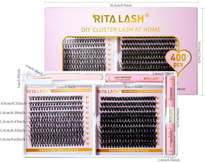 💖RITALASH 400PCS DIY Lash Extension Kit – 30D + 50D Cluster Lashes (8–16mm Mixed) with Bond, Seal, Remover & Tweezer for Custom At-Home Lash Styling!