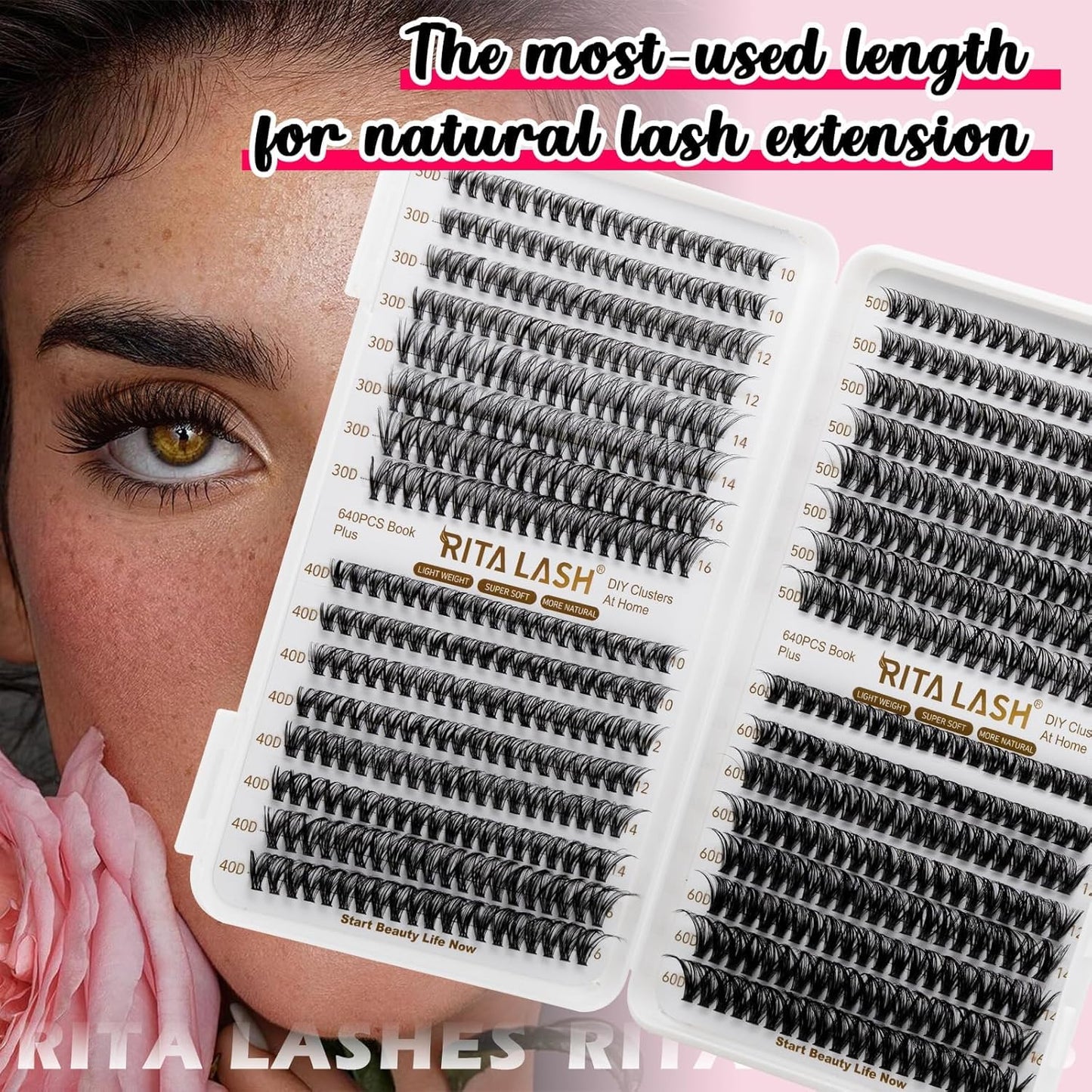 🌟RITALASH 640PCS Lash Extension Kit – 30D+40D+50D+60D Cluster Lashes (10–16mm Mixed) with Bond, Seal & Tweezers | DIY Wispy Fluffy Eyelash Extensions at Home