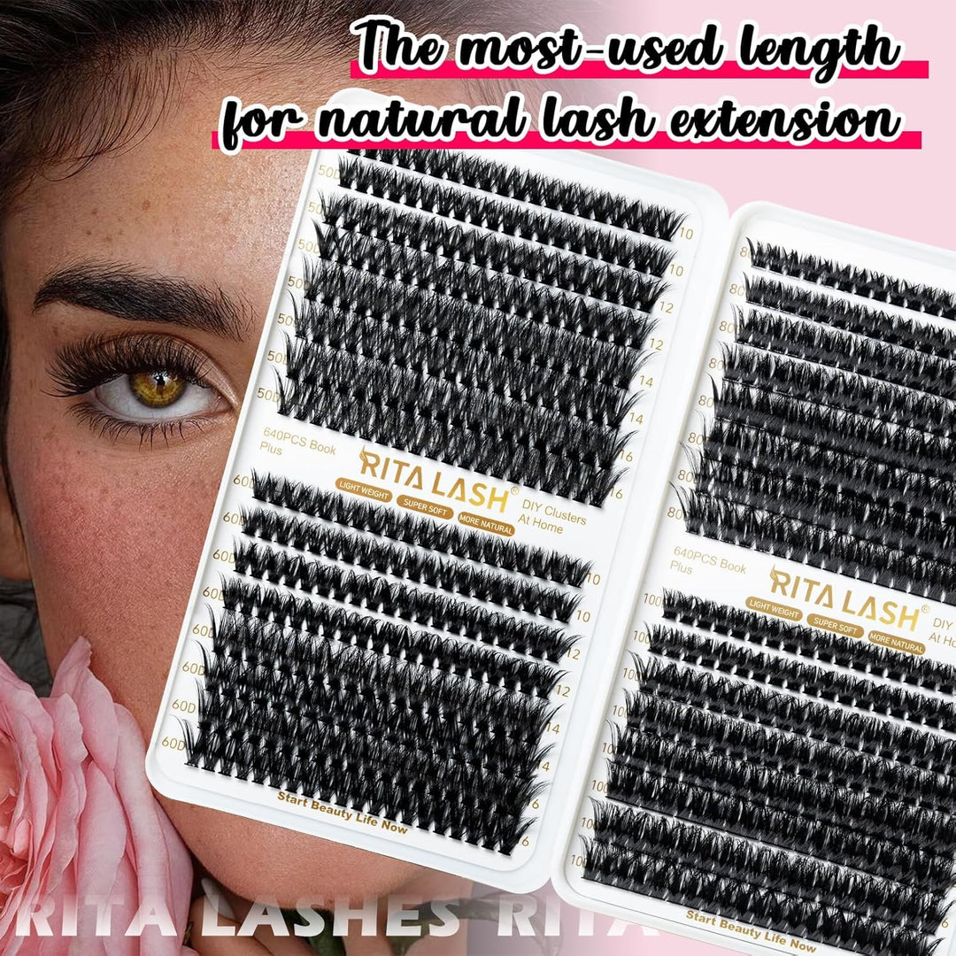 ✨RITALASH 640PCS DIY Lash Extension Kit – 50D + 60D + 80D + 100D Cluster Lashes