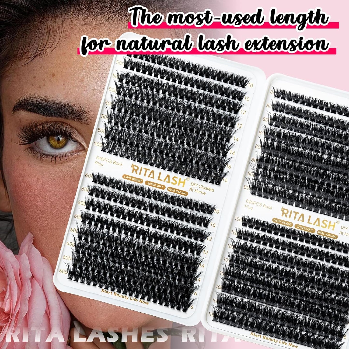 ✨RITALASH 640PCS DIY Lash Extension Kit – 50D + 60D + 80D + 100D Mixed Cluster Lashes (10–16mm) with Bond, Seal, Tweezers & Remover for At-Home Lash Styling!